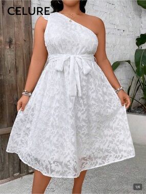SHEIN White One-Shoulder Lace Midi Dress with Tie Waist NWOT